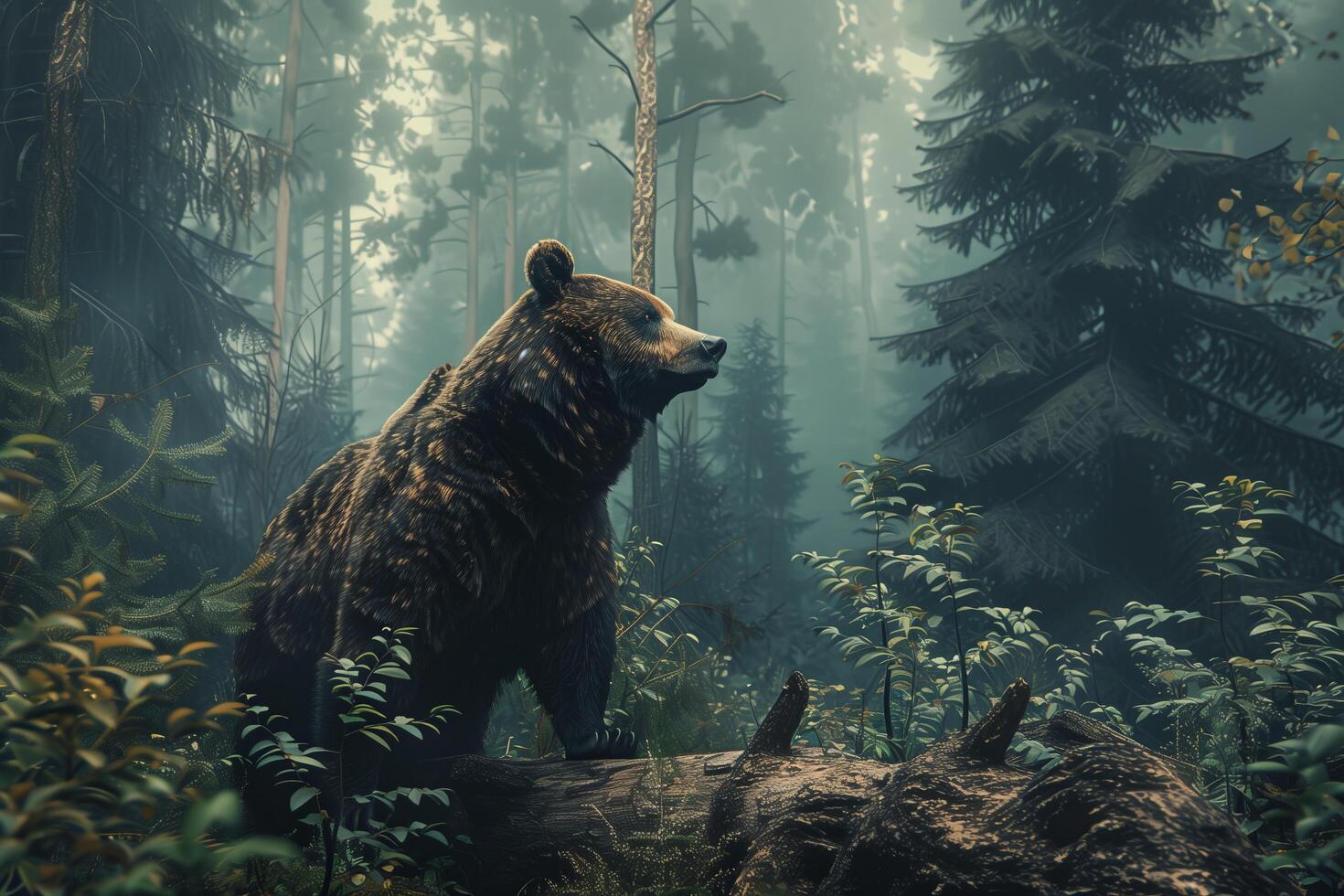 A bear standing on a log in a forest photo