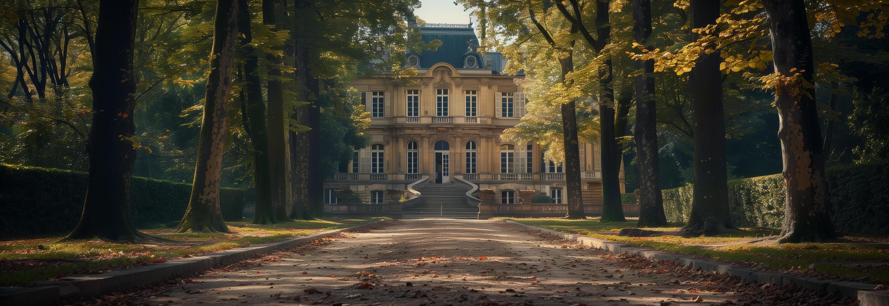 A path leading to a large mansion in the woods photo