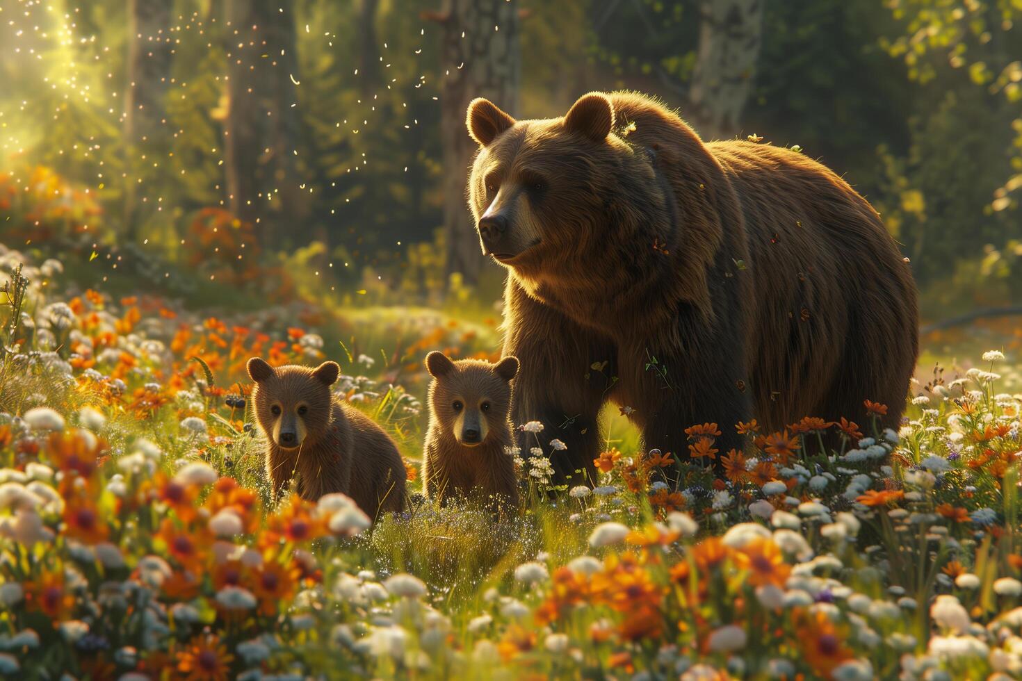 A bear and two cubs walking through a field of flowers photo