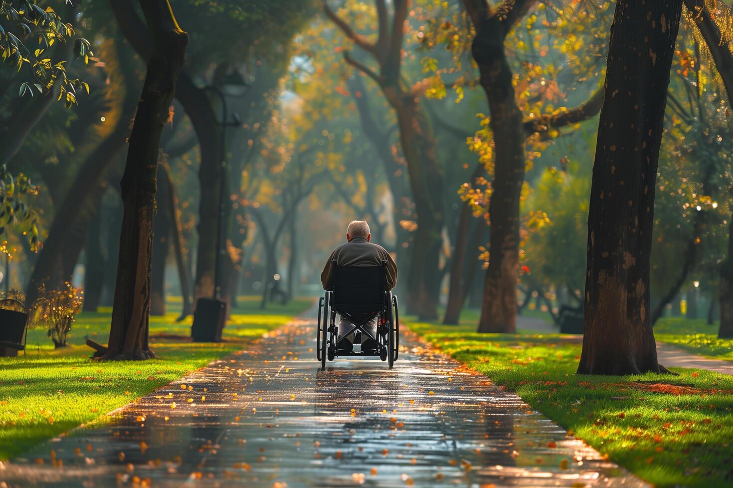 An elderly man in a wheelchair is walking down a path photo