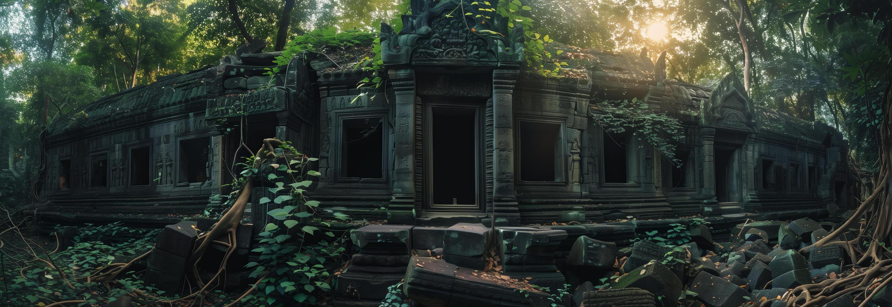 An old building in the jungle with trees and plants photo