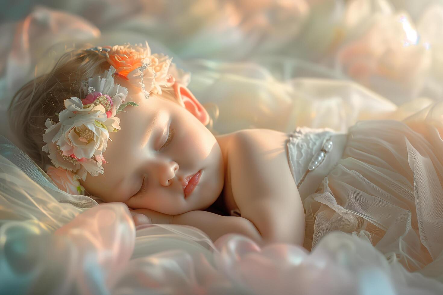 A baby sleeping in a floral dress photo