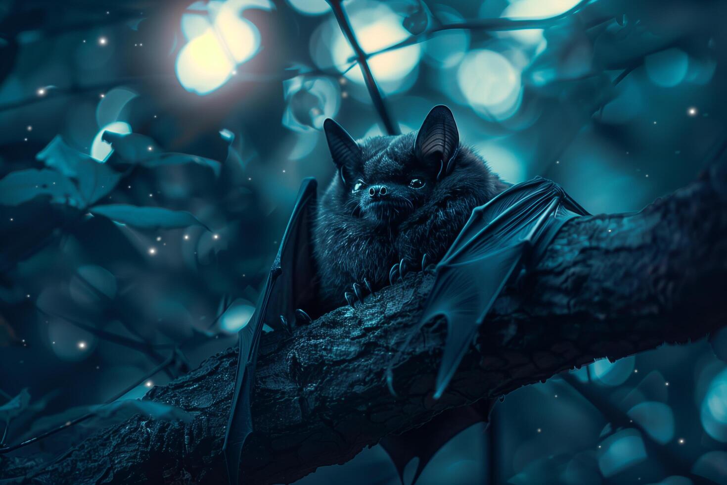 A bat sitting on a branch in the dark photo