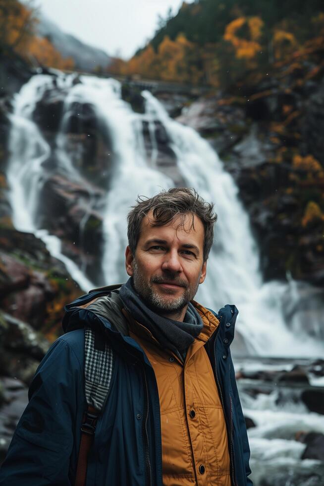 Man standing in front of waterfall in autumn photo