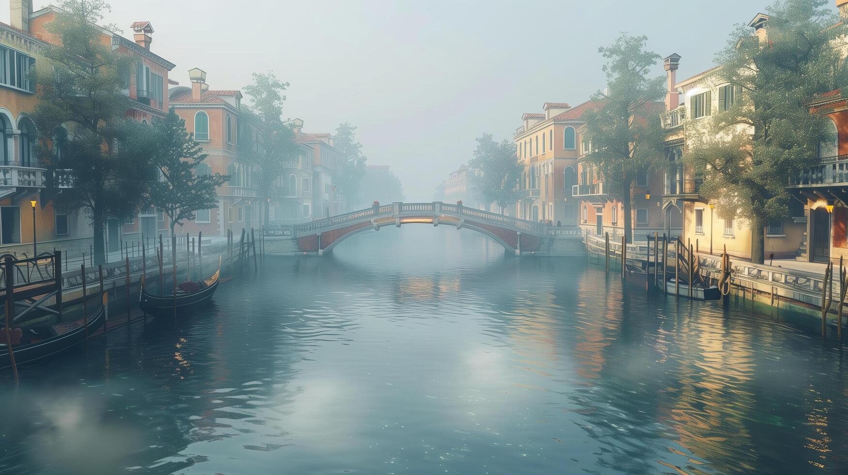A canal in the fog with a bridge and gondolas photo