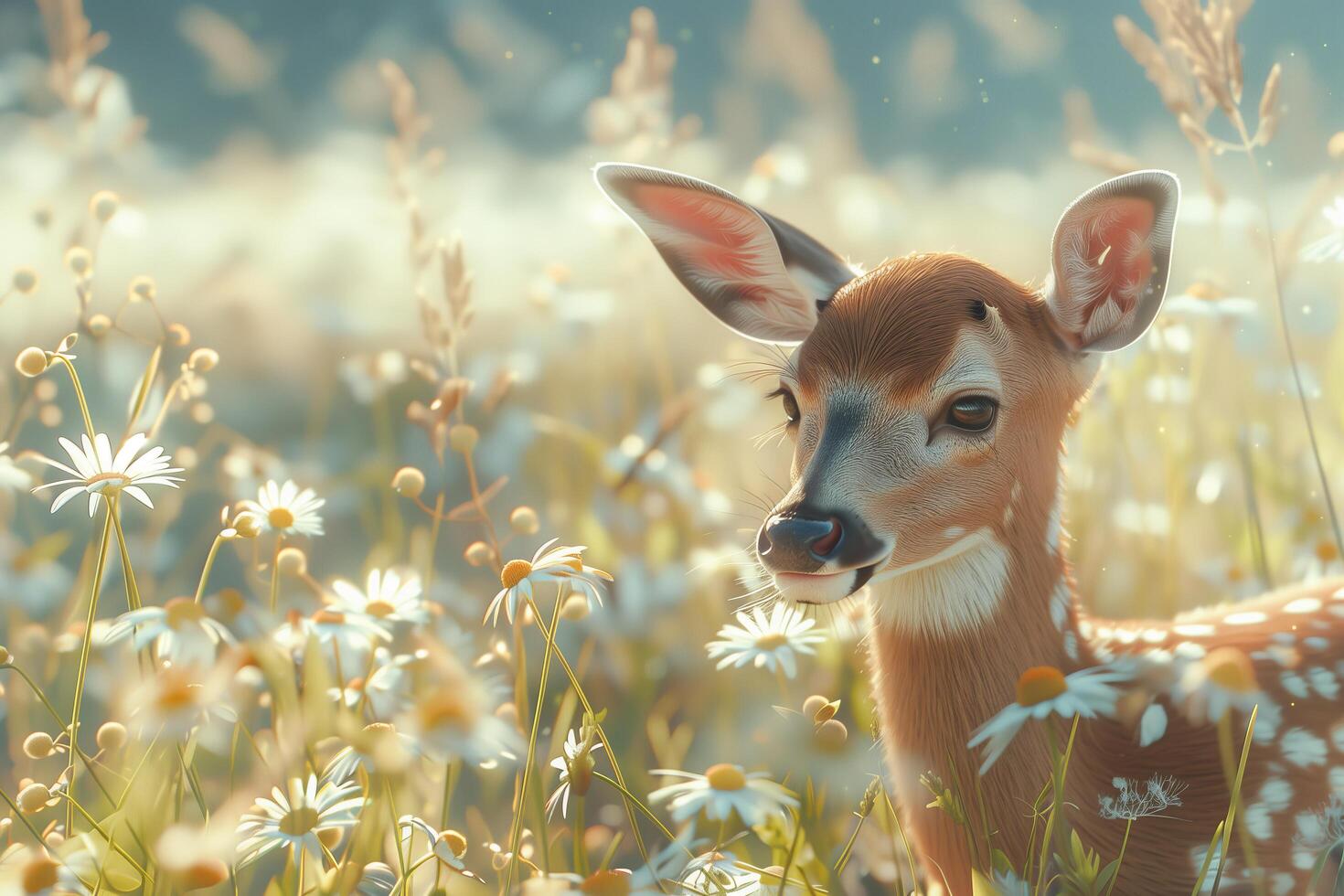A deer is standing in a field of flowers photo