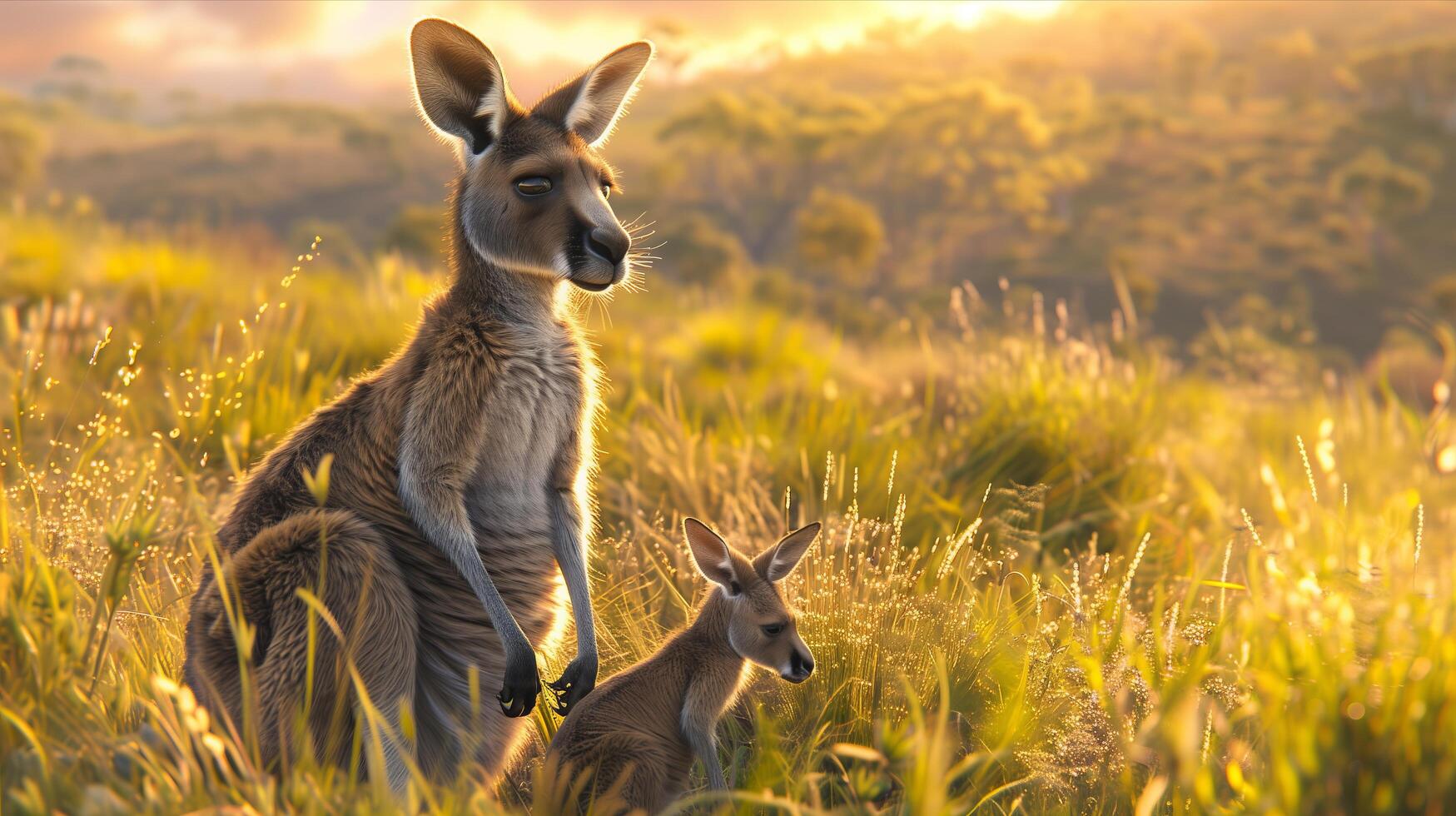 A kangaroo and her baby are standing in a field photo