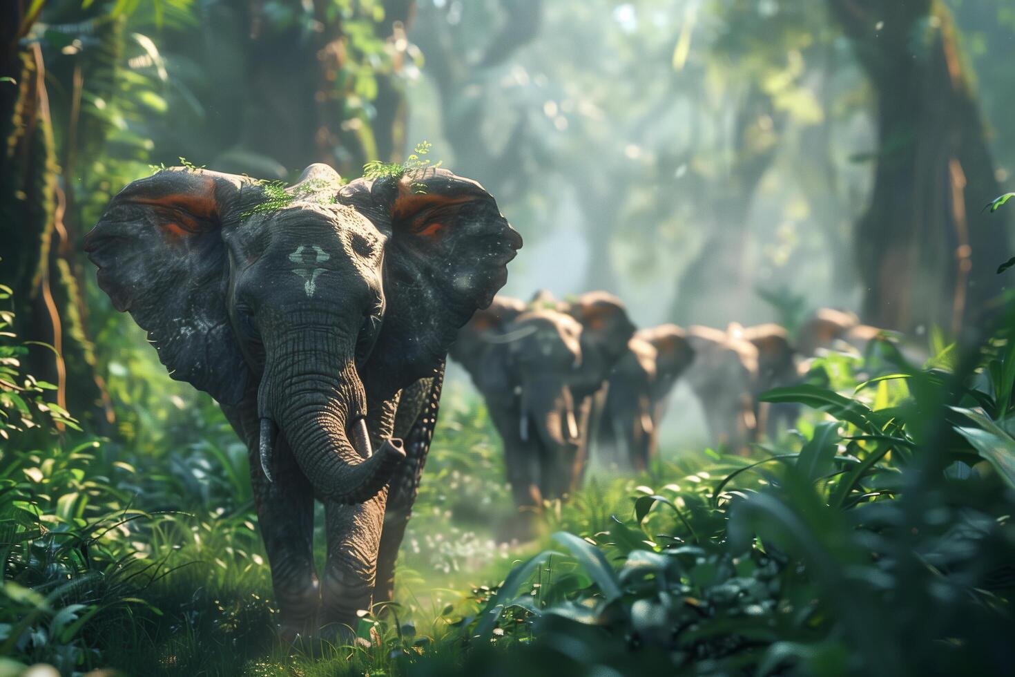 Elephants walking through the jungle photo