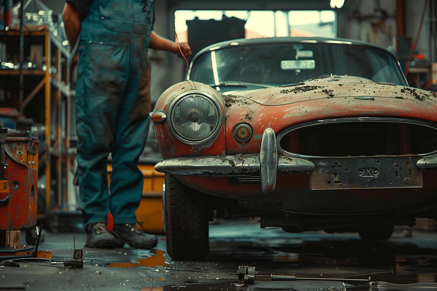 A man is standing next to an old car photo