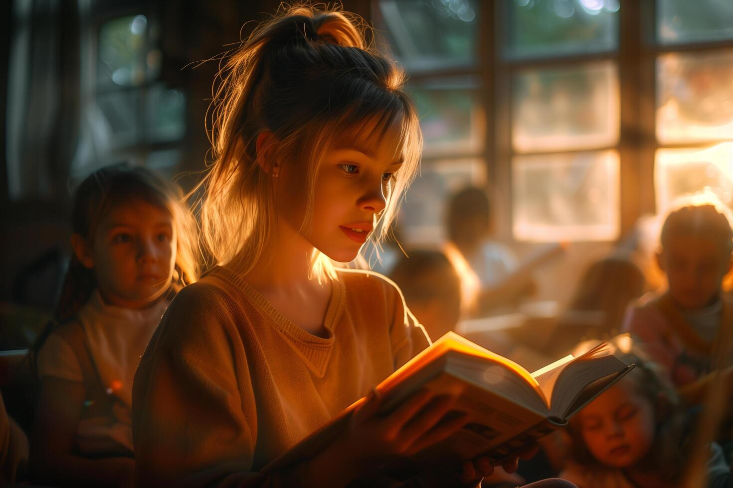 A girl reading a book in front of a classroom photo