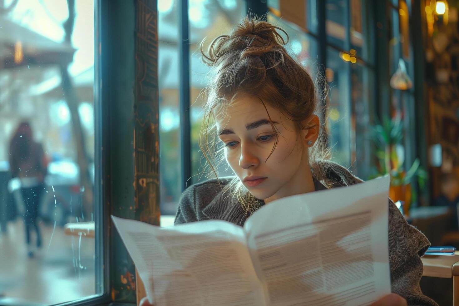 A woman is reading a book while sitting at a table photo