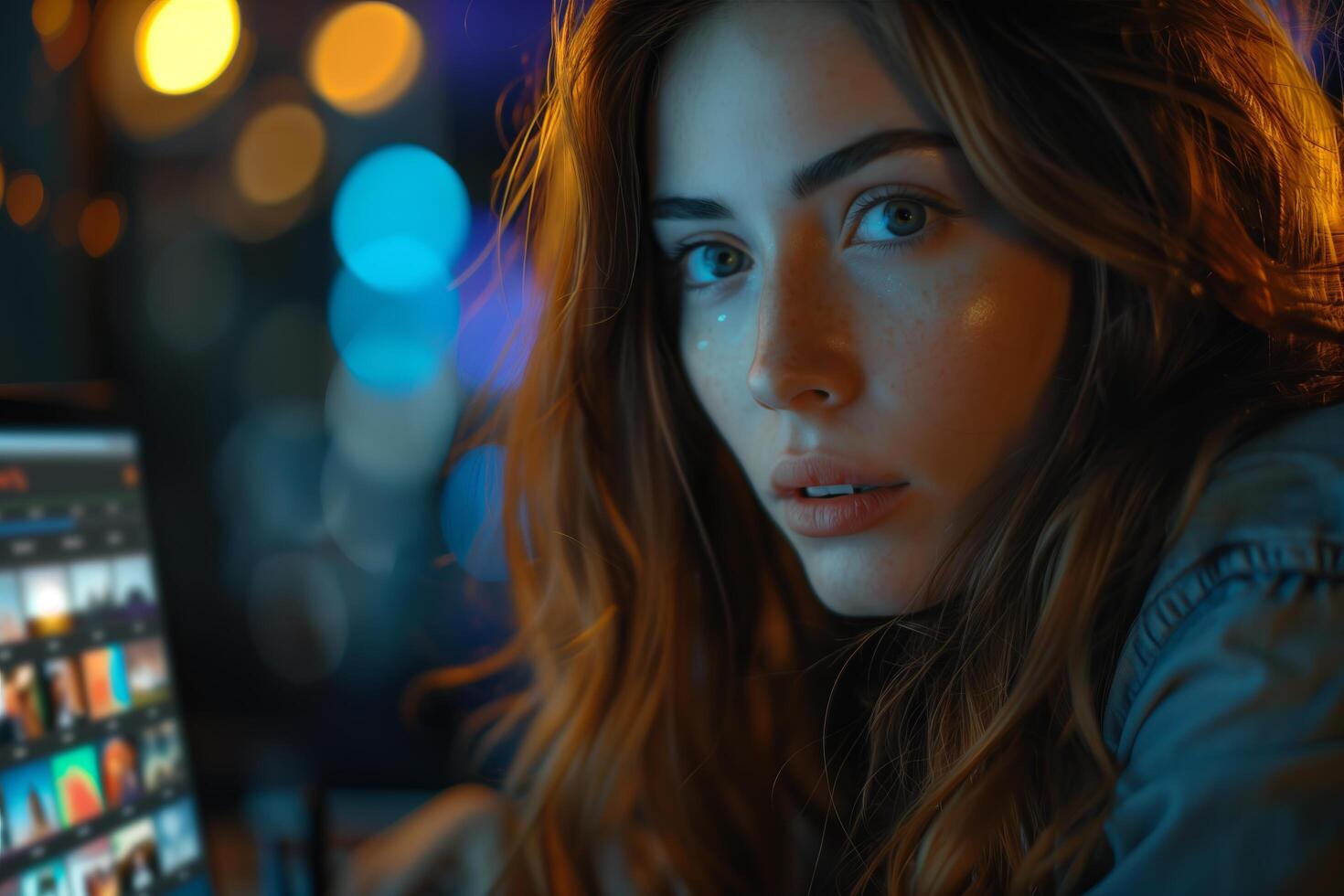 A woman looking at the camera while using a laptop photo