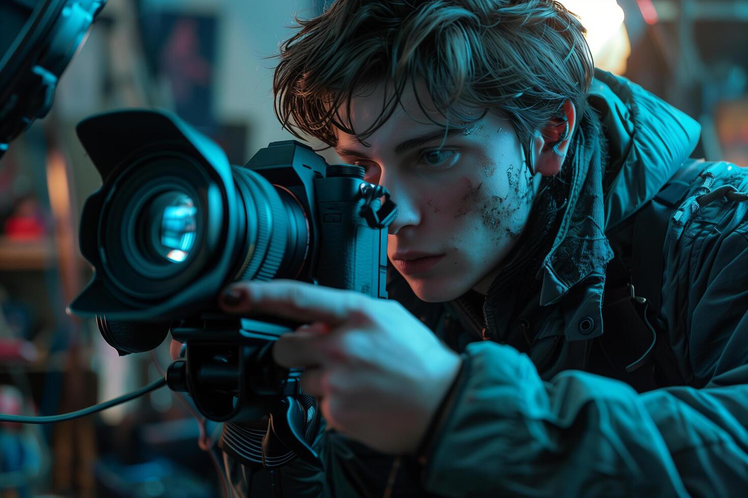 A young man is holding a camera in front of him photo