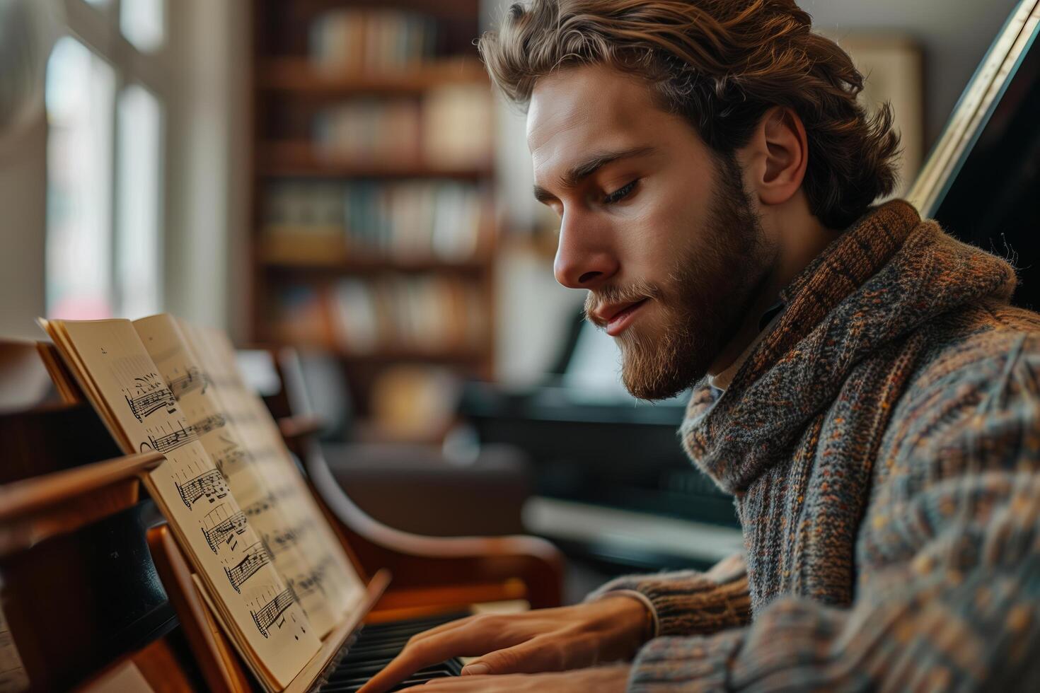 A man is playing the piano in front of a bookcase photo
