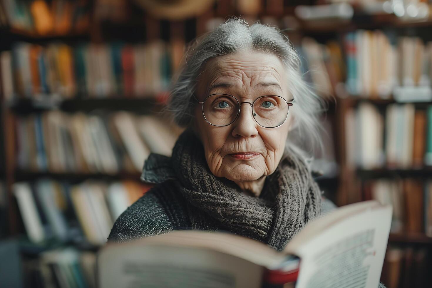 An older woman with glasses reading a book in a library photo