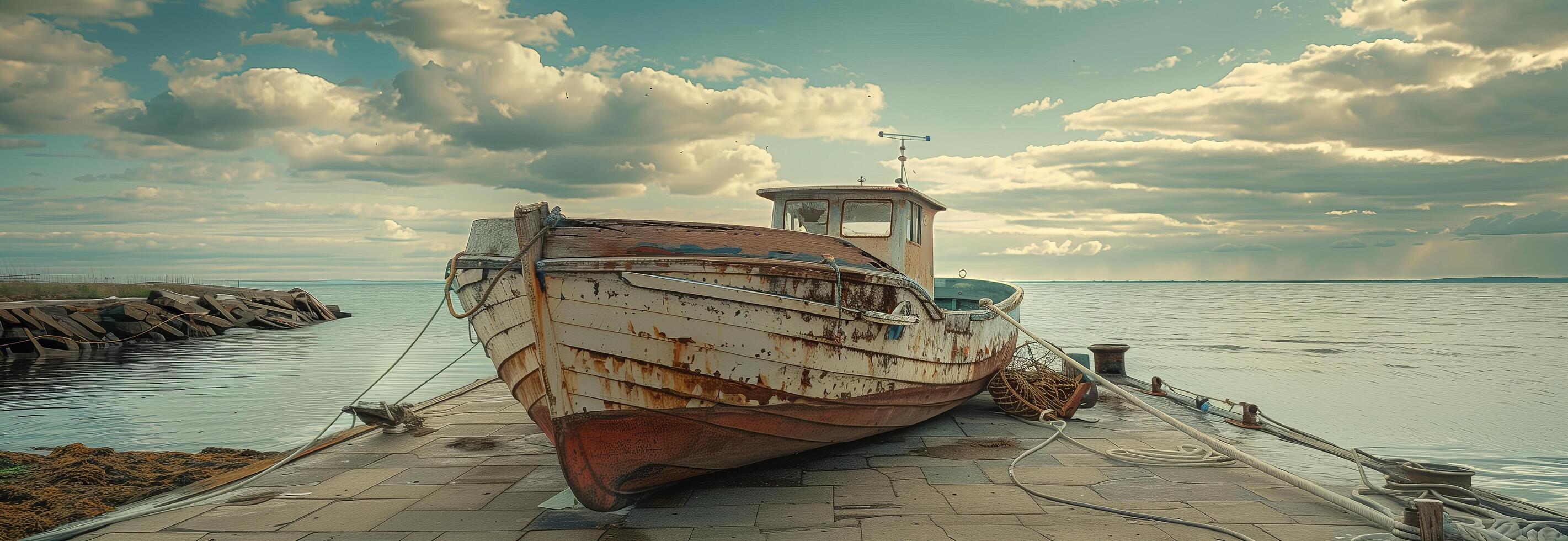 A boat is docked on the shore photo