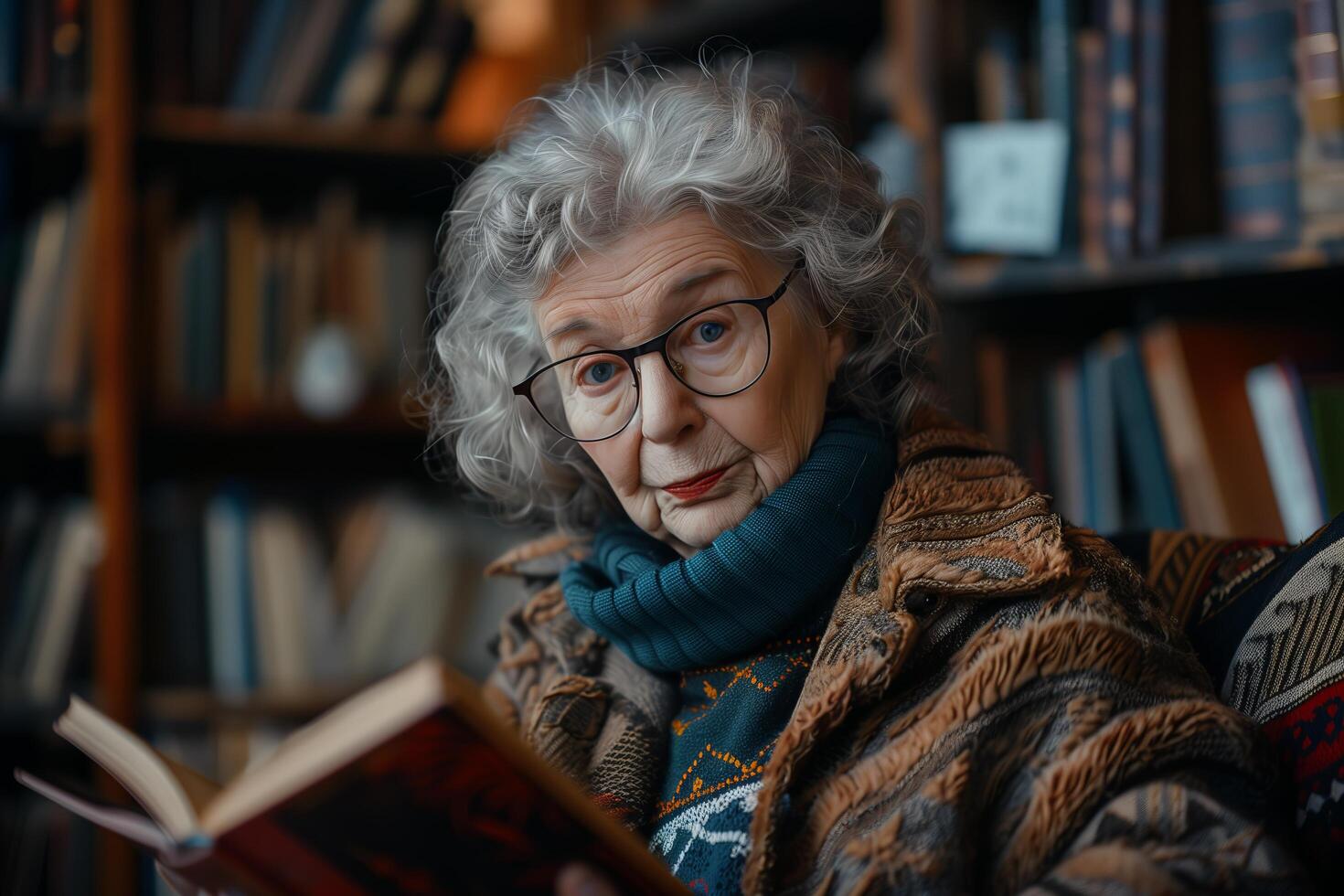 An older woman with glasses reading a book photo