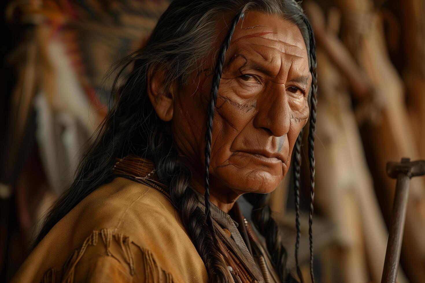 An indian man with long hair and a stick photo