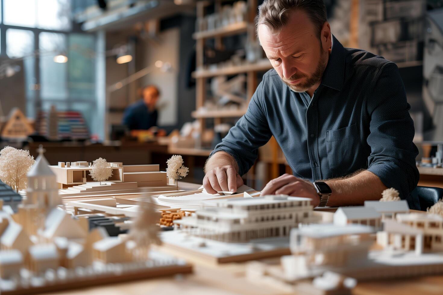 A man is working on a model of a building photo