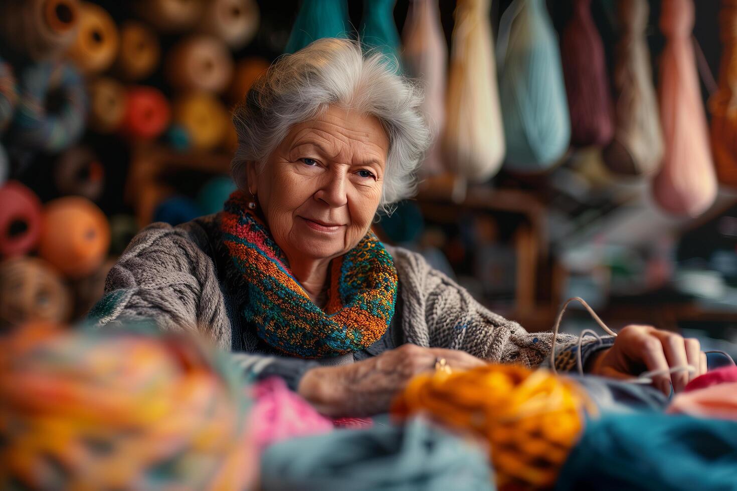 An elderly woman is knitting yarn in front of a pile of yarn photo