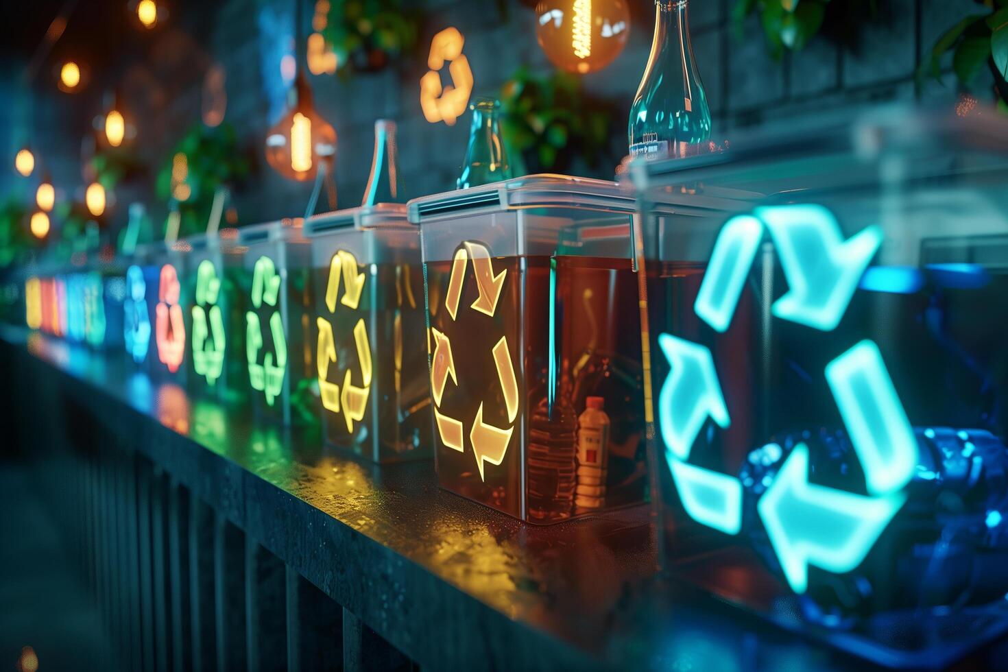 A row of recycling containers with colorful lights photo