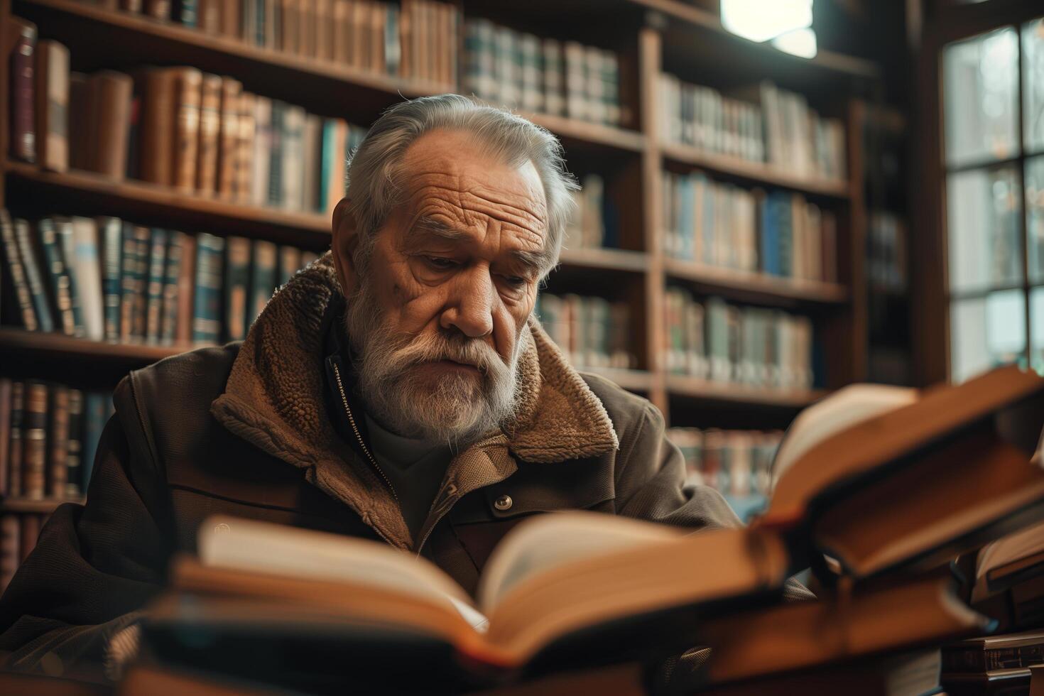 An old man reading a book in a library photo