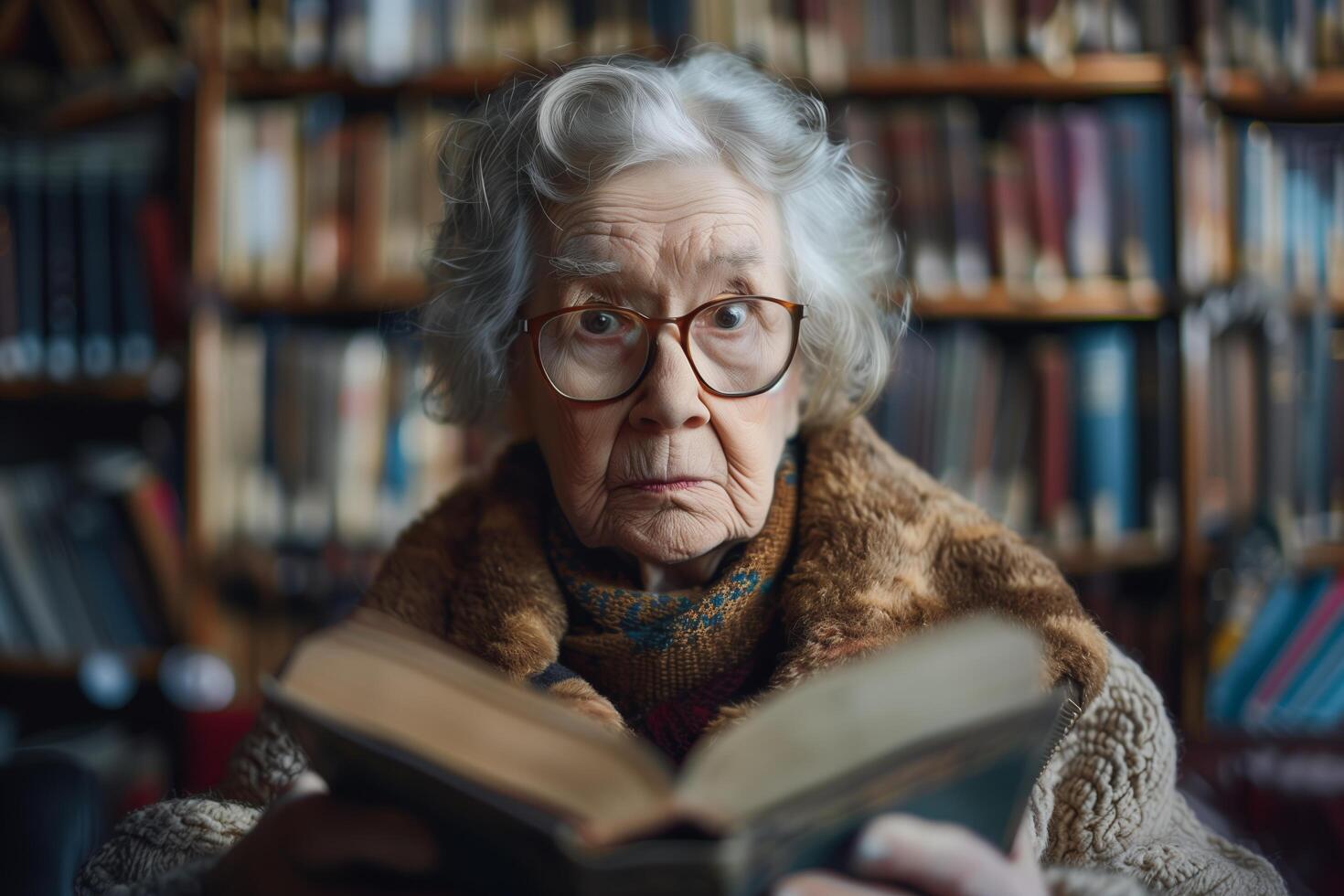 An old woman with glasses reading a book photo