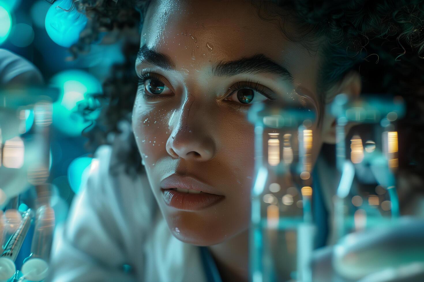 A woman in a lab coat looking at test tubes photo