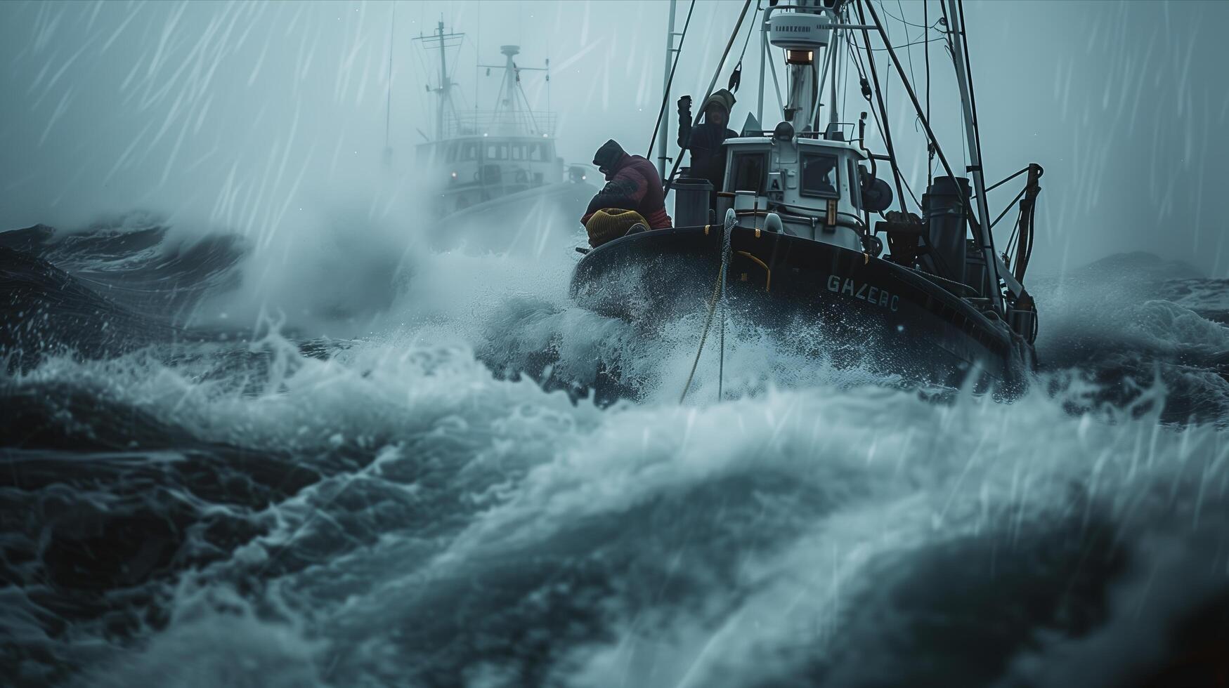 A boat in rough water with a man on it photo