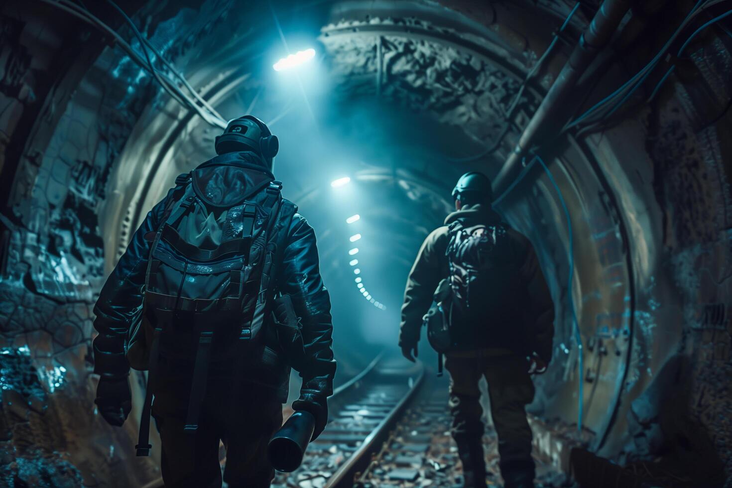 Two men in dark clothing walking through a tunnel photo