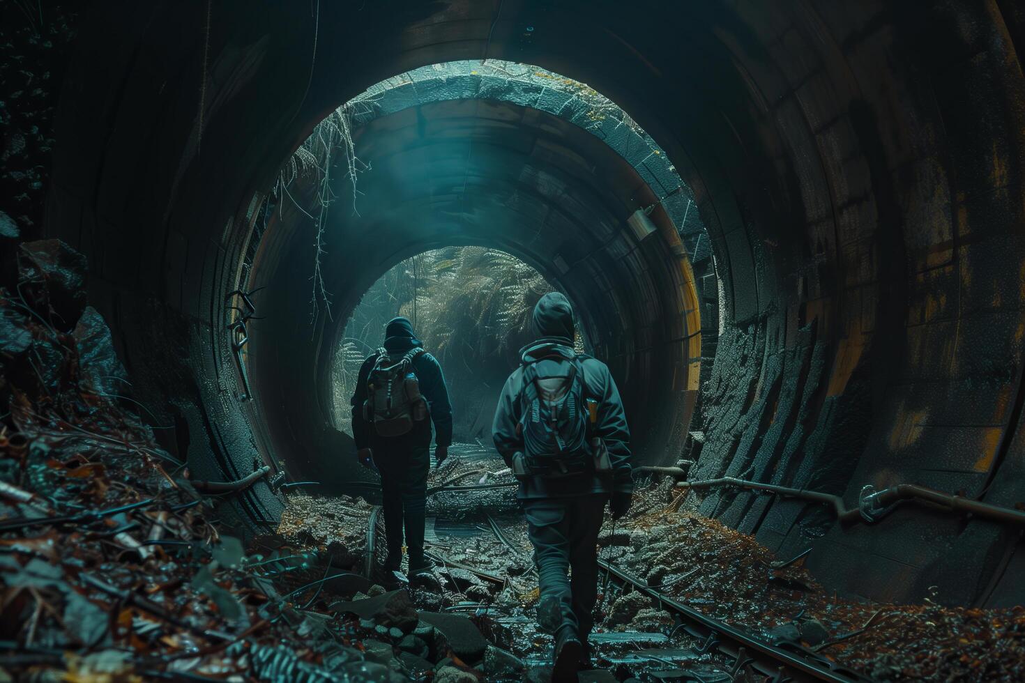 Two people walking through a tunnel with light coming from the end photo