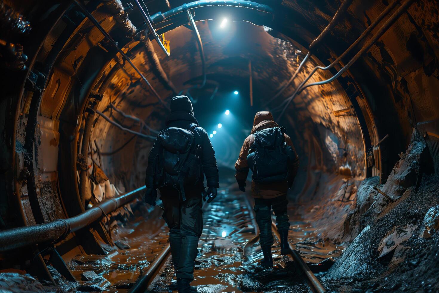 Two people walking through a tunnel with light coming from the ceiling photo