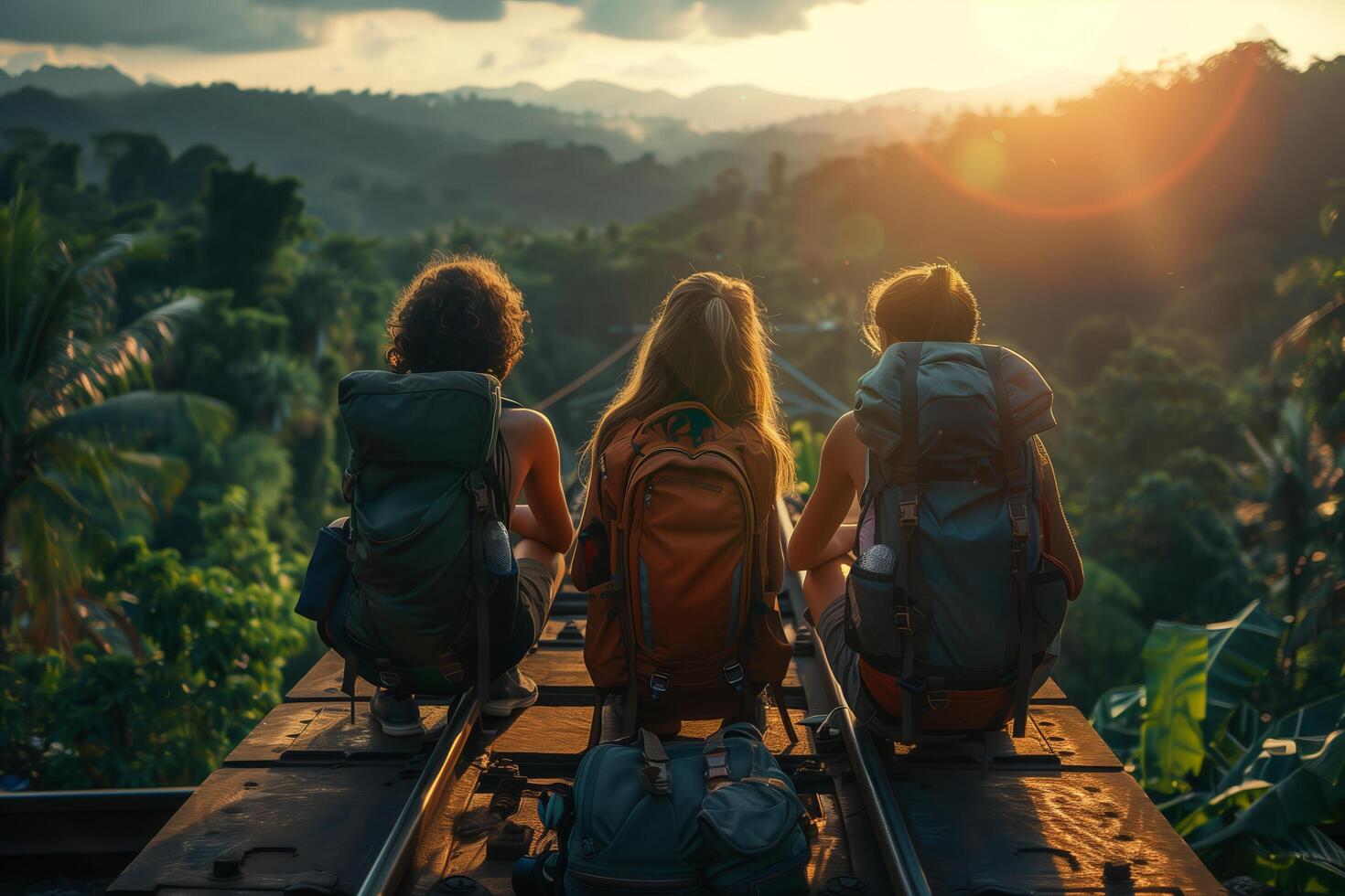 Three people with backpacks sitting on a train track photo