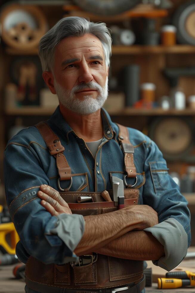 A man with a beard and a blue shirt standing in front of a workbench photo