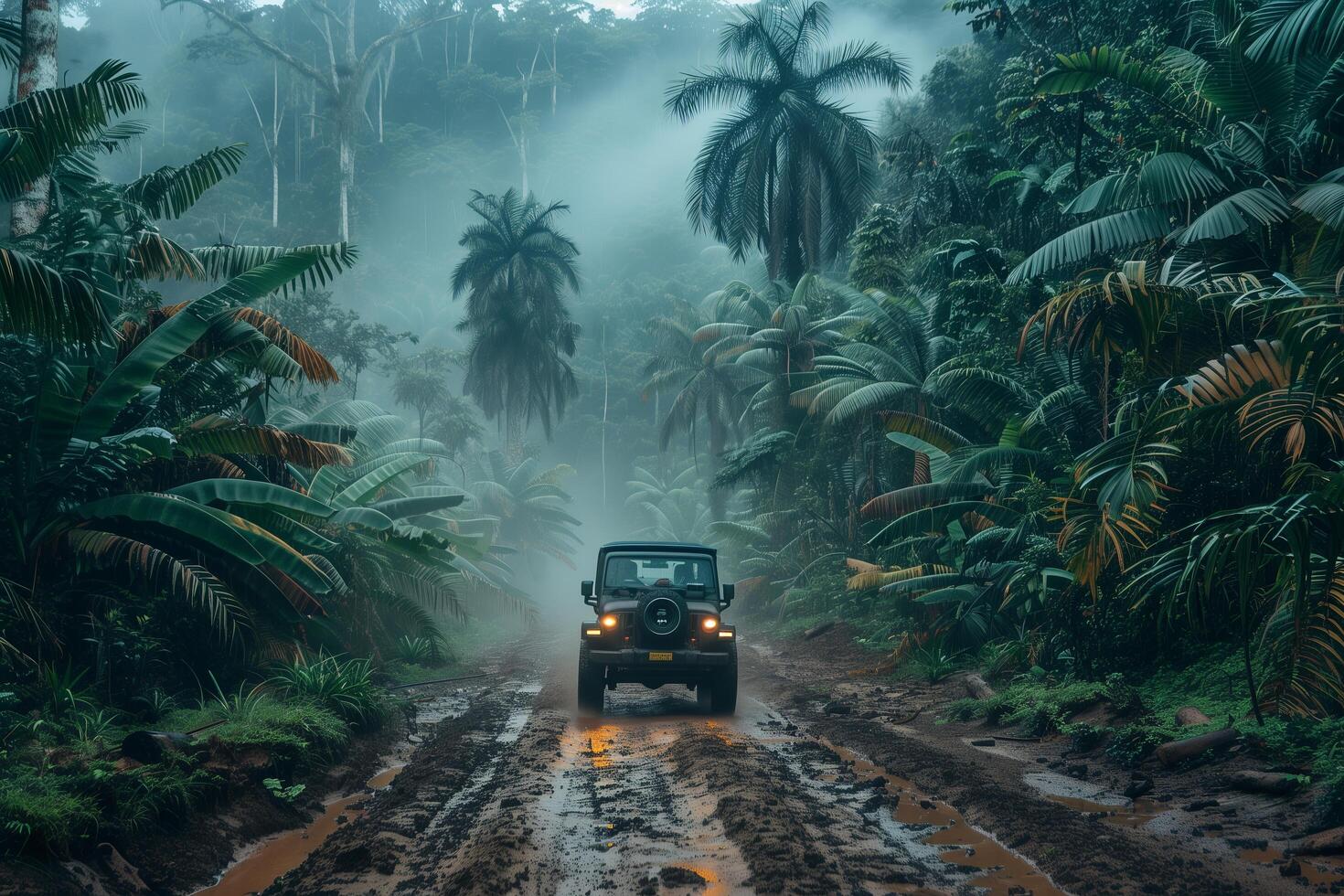 A jeep driving through the jungle on a muddy road photo