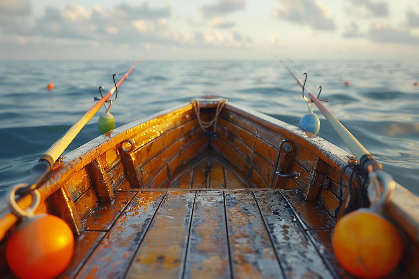 A boat with fishing poles and orange buoys in the water photo