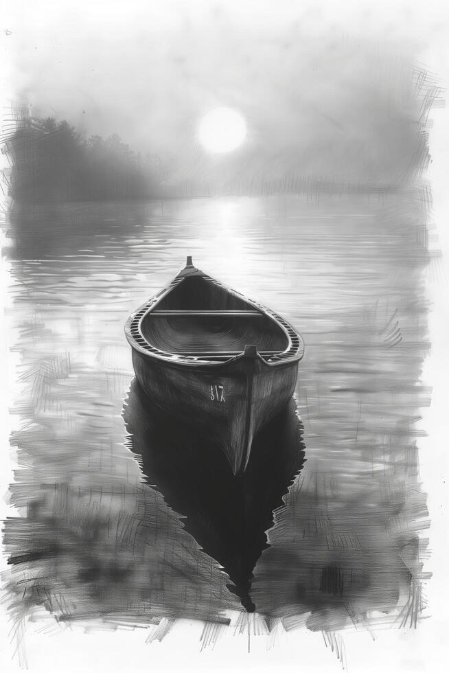 A black and white drawing of a boat on the water photo