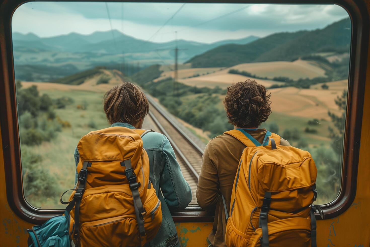 Two people with backpacks looking out of a train window photo