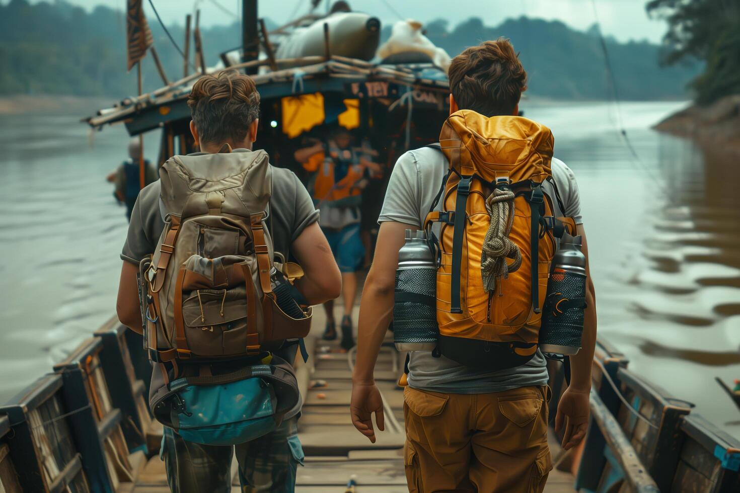 Two men with backpacks walking on a boat photo