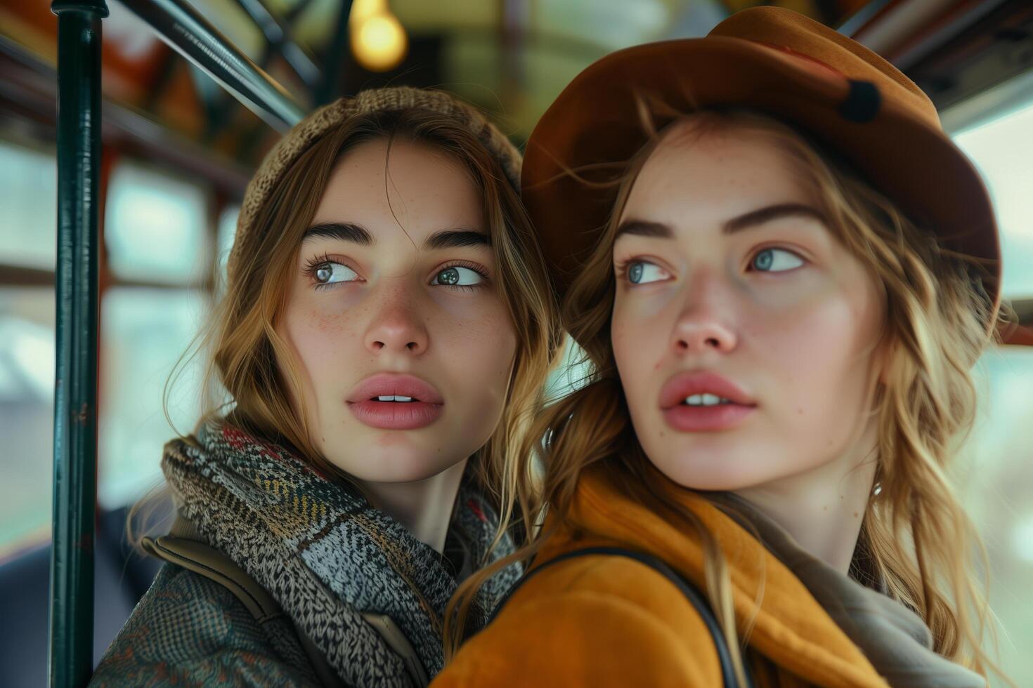 Two young women looking at the camera on a bus photo