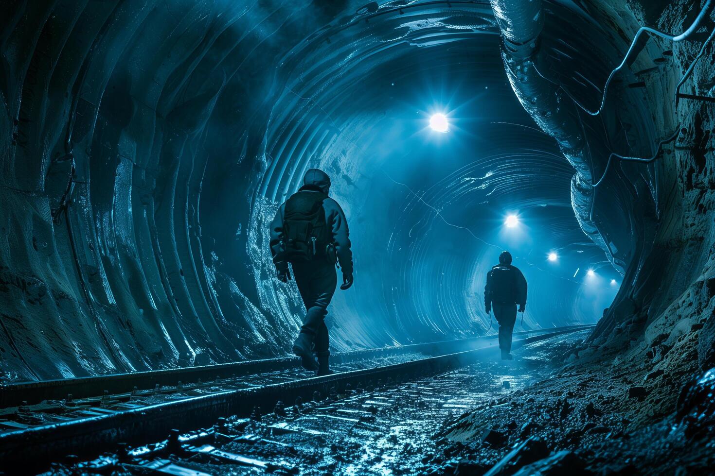 Two men walk through a tunnel with lights photo