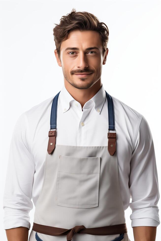 A man in an apron posing for the camera photo