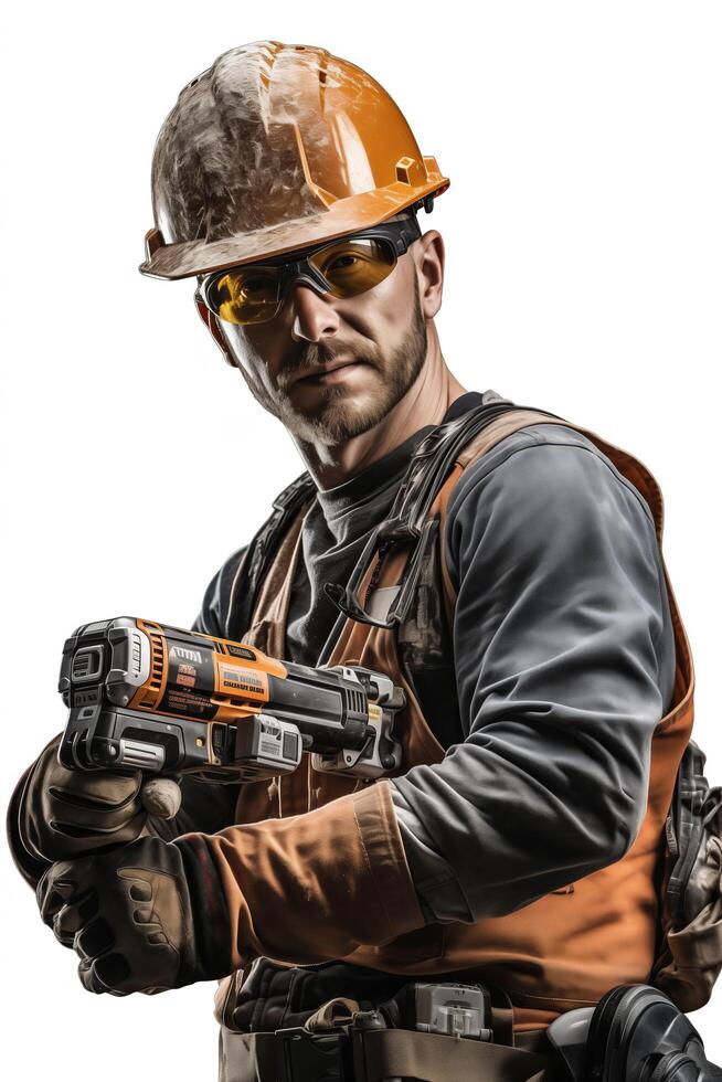 A construction worker holding a tool photo