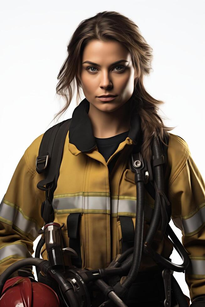 A woman in a fire fighter uniform with a hose photo