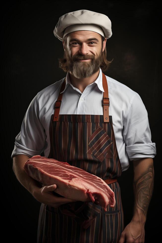 A man with a beard and a hat holding a piece of meat photo