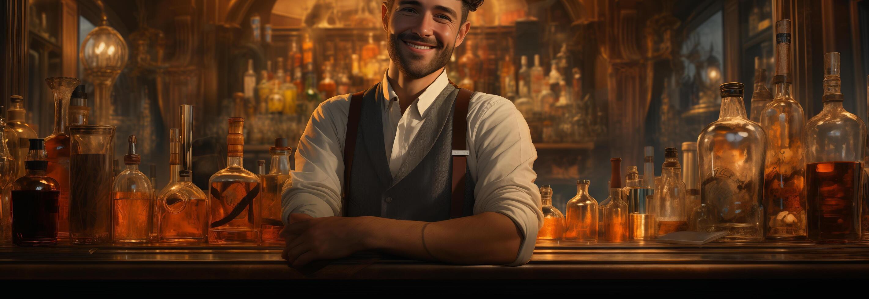 A man sitting at a bar with bottles behind him photo