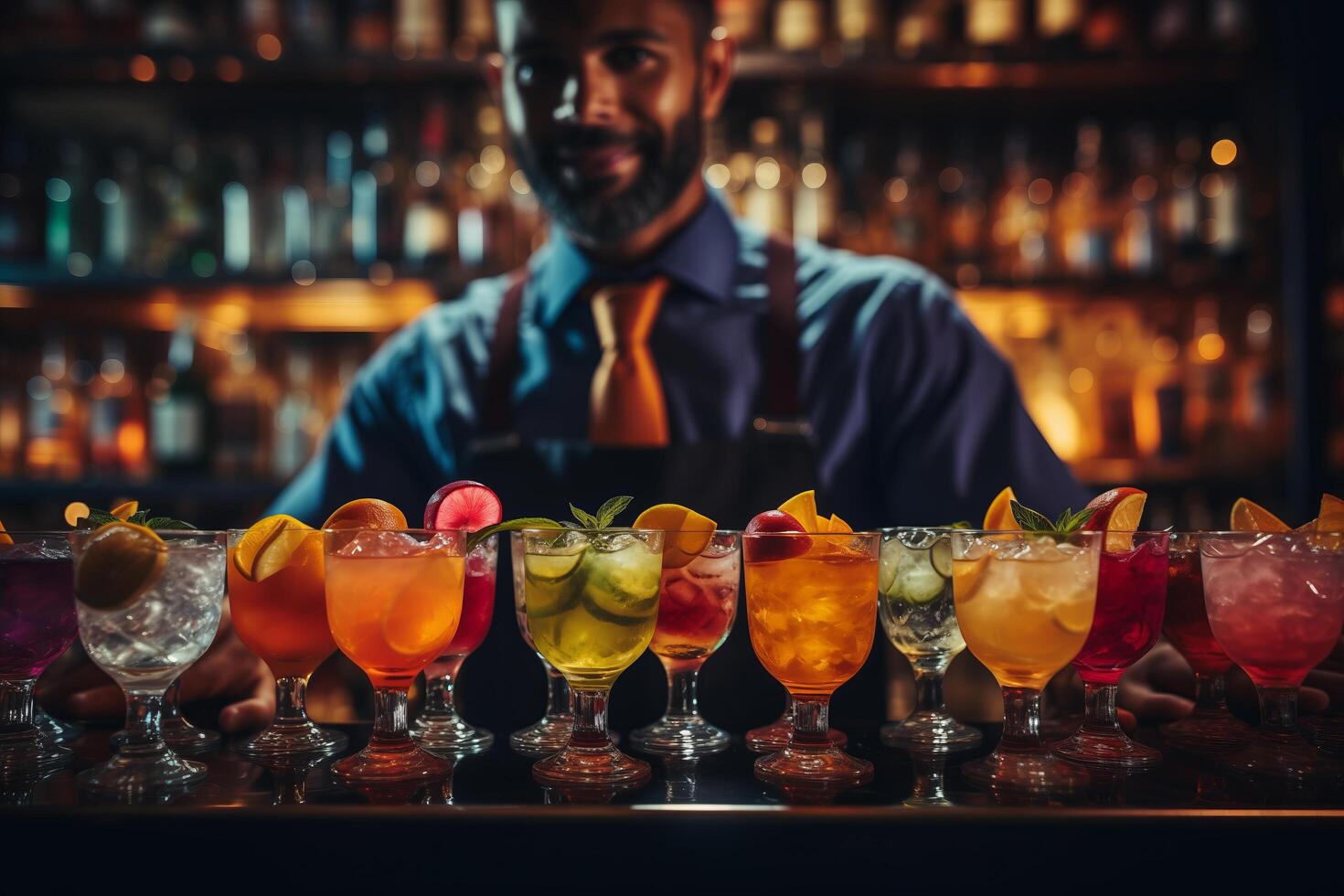 A bartender is standing behind a row of colorful drinks photo