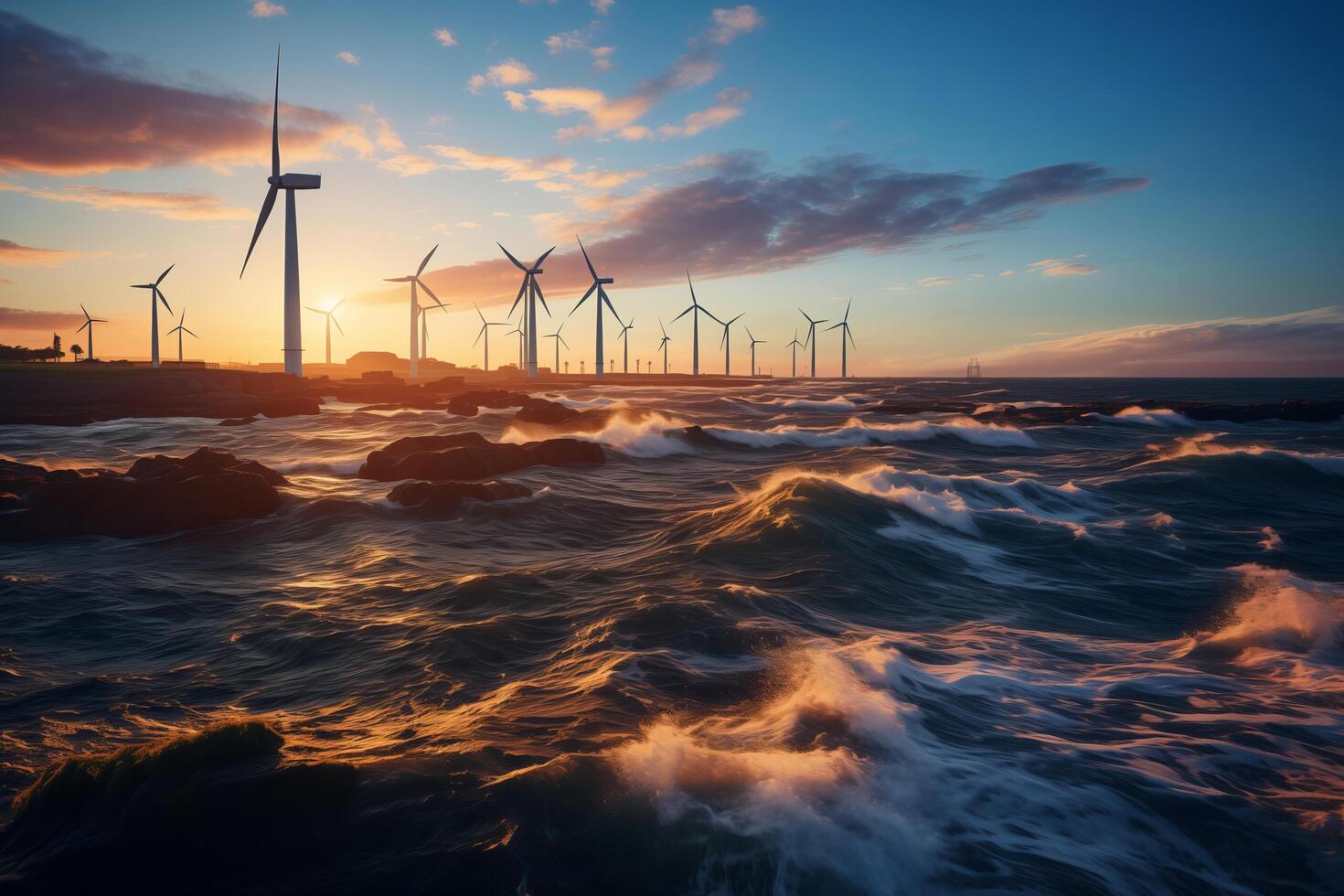 Wind turbines in the ocean at sunset photo