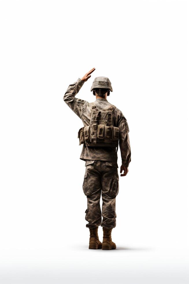 A soldier saluting in front of a white background photo