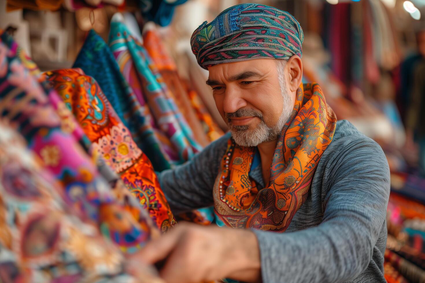 An old man in a turban looking at a colorful scarf photo